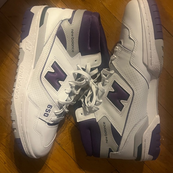 Purple and white high top sneakers. - Picture 2 of 9